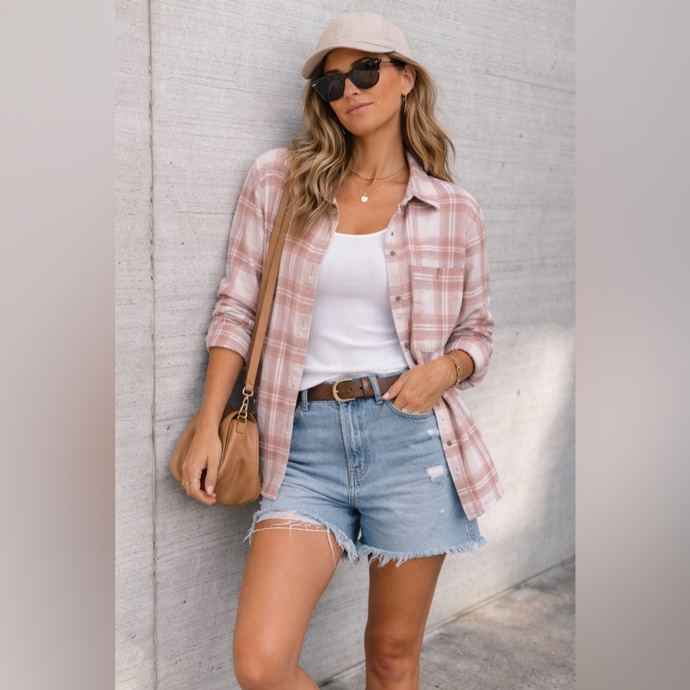 PacSun Pink Plaid Flannel Shirt XS/S Button Front Long Sleeve